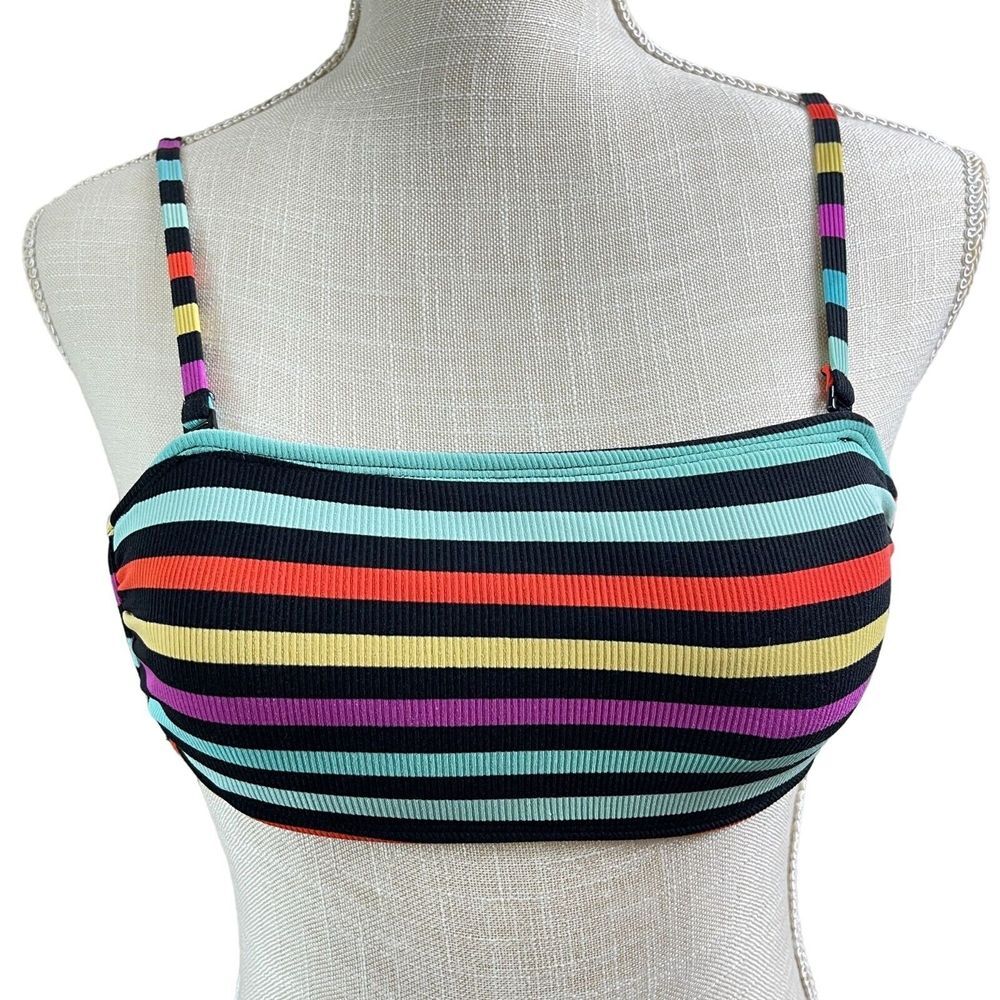 Xhilaration Bandeau Bikini Top Womens S Multicolor Rainbow Striped Vibrant‎ Pool